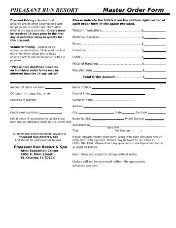 PHEASANT RUN RESORT Master Order Form