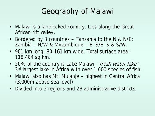 Malawi: A Country Profile - Selected demo-, socio-econ data