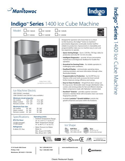 Download Manufacturer's Specification Sheet - Ice Machines