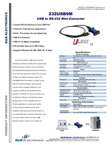 232USB9M - Datasheet - USB to RS-232 Mini ... - B&B Electronics