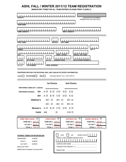 ashl fall / winter 2011/12 team registration - Canlan Ice Sports