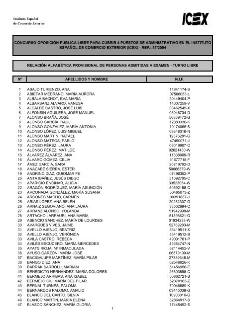 nÂº apellidos y nombre nif 1 abajo turienzo, ana 11841174-s 2 ... - Icex