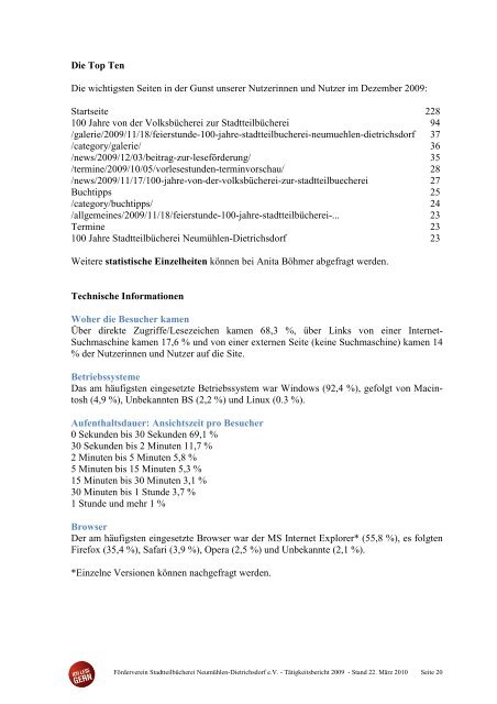 TÃ¤tigkeitsbericht 2009 - StadtteilbÃ¼cherei NeumÃ¼hlen-Dietrichsdorf eV