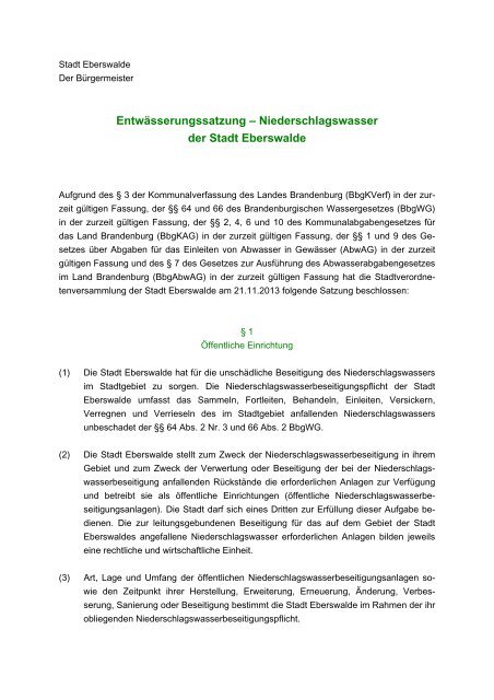 EntwÃ¤sserungssatzung â€“ Niederschlagswasser der Stadt Eberswalde