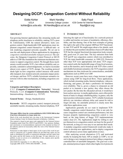 Dcpp Isfici Designing DCCP - The ICSI Networking and Security Group