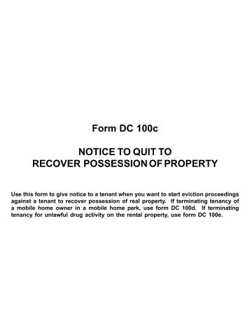 DC100c Notice to Quit to Recover Possession of Property, Landlord ...