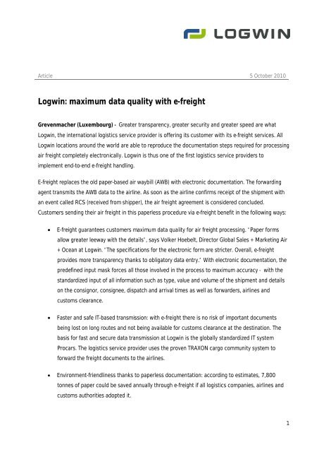 Logwin: maximum data quality with e-freight
