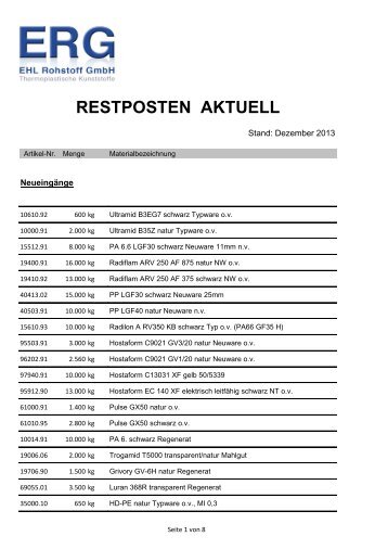 RESTPOSTEN AKTUELL - EHL Rohstoff GmbH