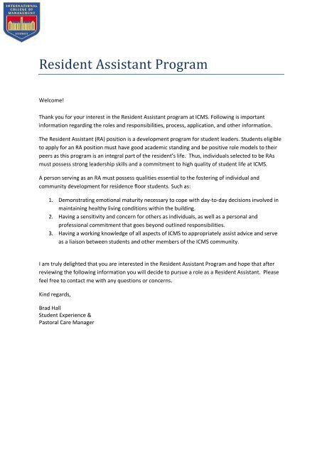 sample cover letter for resident assistant position