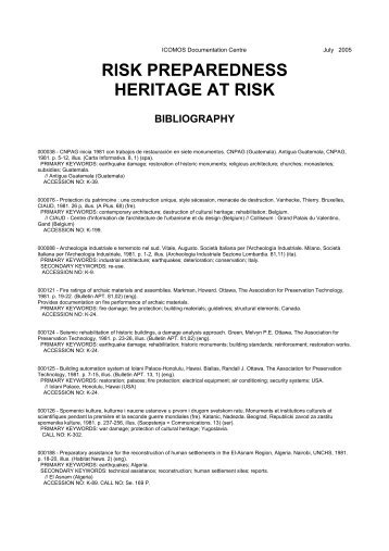 risk preparedness heritage at risk bibliography - Icomos