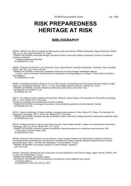 risk preparedness heritage at risk bibliography - Icomos