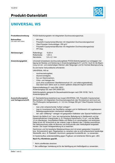Produkt-Datenblatt UNIVERSAL WS - Icopal GmbH