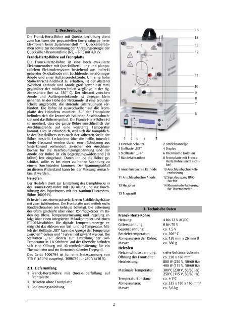 Franck-Hertz-RÃ¶hre mit Hg-FÃ¼llung und Heizofen ... - 3B Scientific