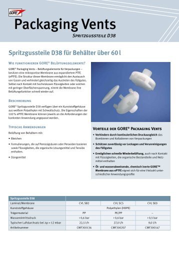 Packaging Vents Spritzgussteile D38 - WL Gore & Associates, Inc.