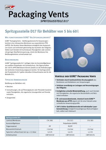 Packaging Vents Spritzgussteile D17 - WL Gore & Associates, Inc.
