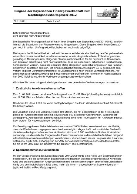 Eingabe bfg - Nachtragshaushaltsgesetz 2012 a - Bayerische ...
