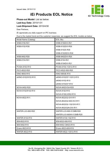 iEi Products EOL Notice - ICP America