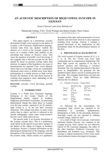 An Acoustic Description of High Vowel Syncope in ... - ICPhS 2007