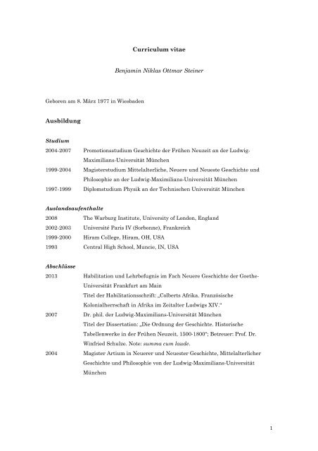 Curriculum vitae + Publikationsliste Steiner - Historisches Seminar