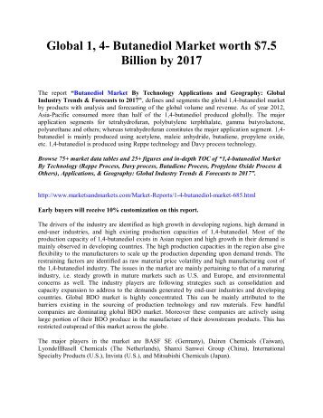 Global 1, 4- Butanediol Market worth $7.5 Billion by 2017