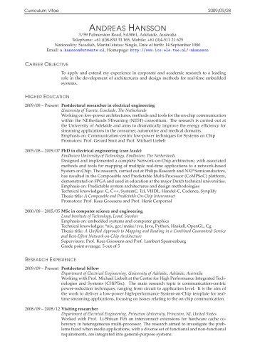 Andreas Hansson - Curriculum Vitae - Electronic Systems