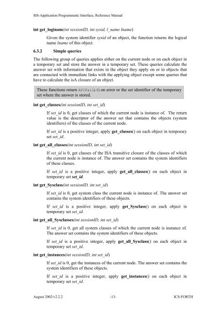 SIS - Application Programmatic Interface, Reference Manual - ICS ...