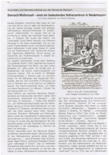 Hafnerzentrum Steinach Wolferszell, Artikel im Steinacher Gemeindeboten,  März 1998 