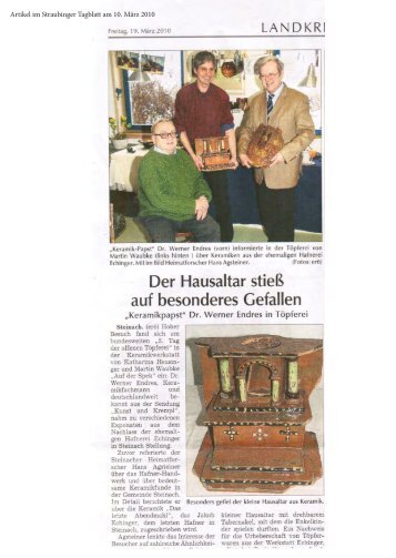 Artikel über Hafner in Steinach ,20. März 2010 im Straubinger Tagblatt