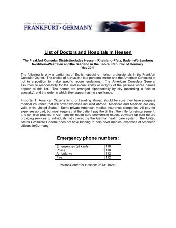 List of Doctors and Hospitals in Hessen Emergency ... - Germany