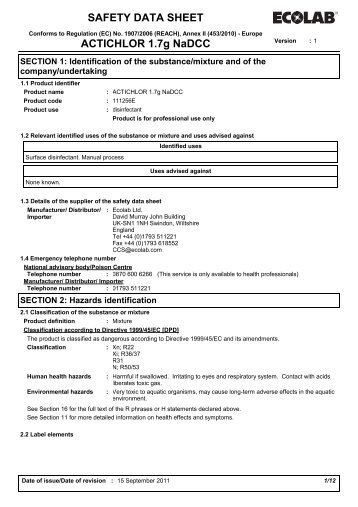 SAFETY DATA SHEET ACTICHLOR 1.7g NaDCC - My Supply Chain