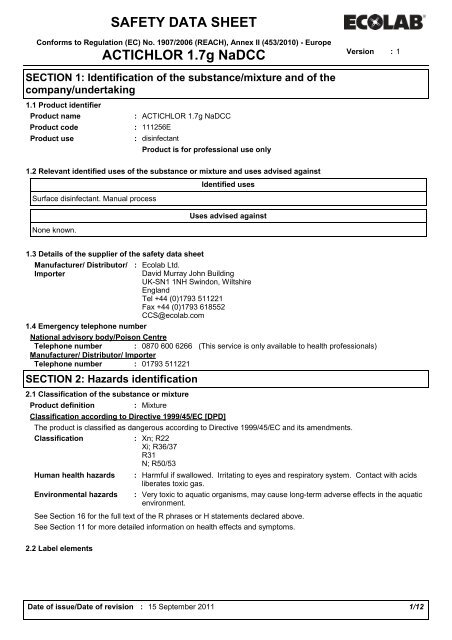 SAFETY DATA SHEET ACTICHLOR 1.7g NaDCC - My Supply Chain