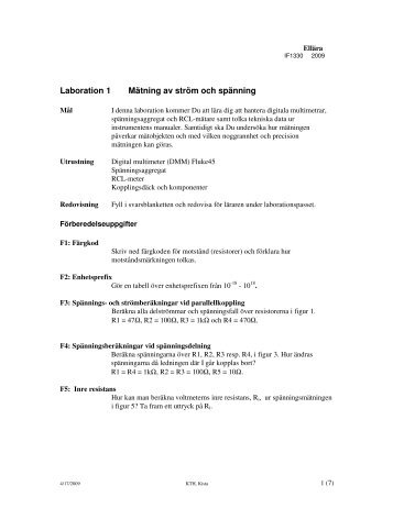Laboration 1 MÃ¤tning av strÃ¶m och spÃ¤nning - KTH