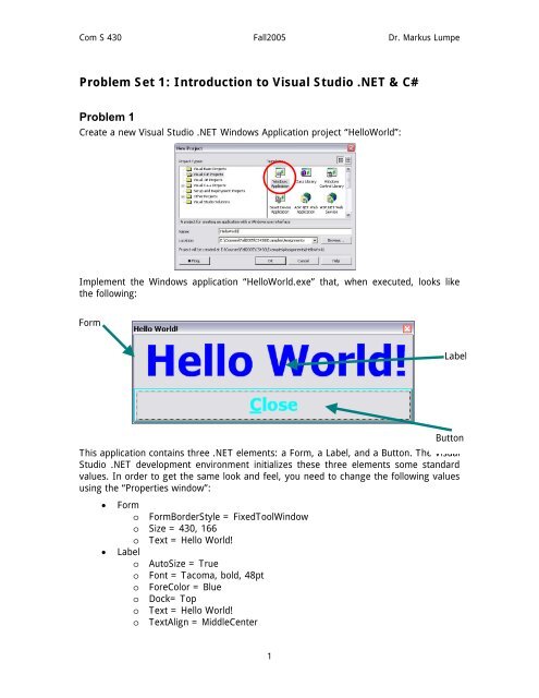 Problem Set 1: Introduction to Visual Studio .NET & C#