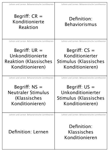 Definition: Lernen Begriff: NS = Neutraler Stimulus (Klassisches ...