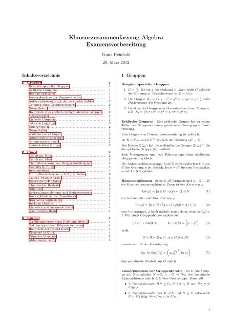 Klausurzusammenfassung Algebra ... - Frank Reinhold