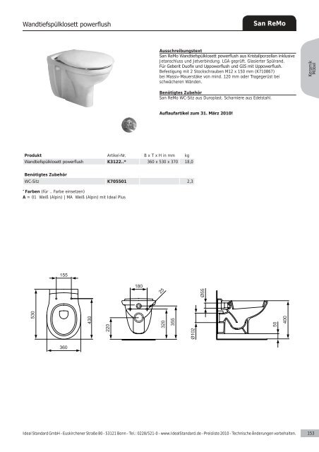 Waschtische Bidets Klosetts Urinale - Ideal Standard