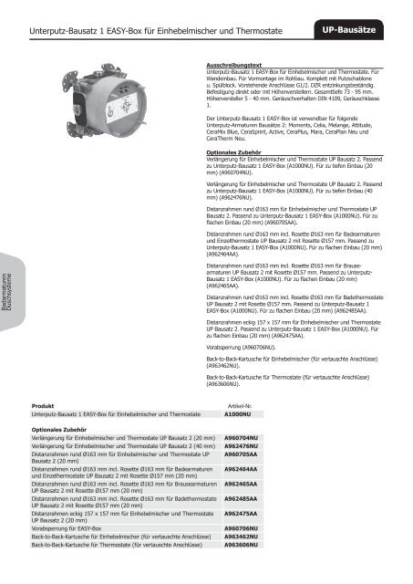 UP-BausÃ¤tze Unterputz-Bausatz 1 EASY-Box fÃ¼r ... - Ideal Standard