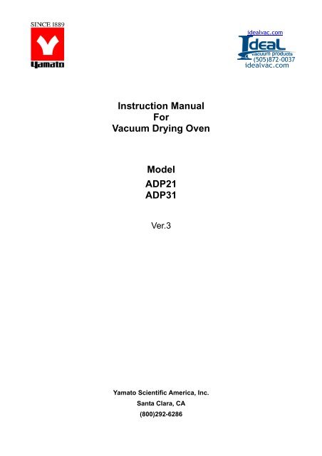 Yamato ADP21, ADP31, Vacuum Drying Oven Instruction Manual