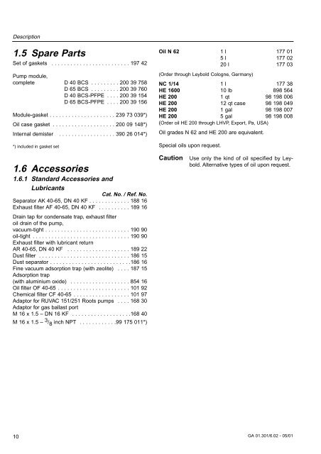 Leybold D65BCS, D40BCS, Instruction Manual - Ideal Vacuum ...