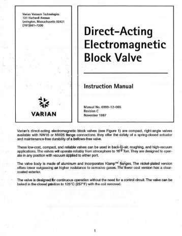 Varian, Direct Acting, Electromagnetic Block Valve, Instruction Manual