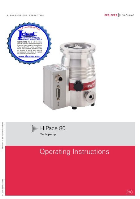 Pfeiffer Turbopump HiPace 80 Operating Instructions - Ideal Vacuum ...