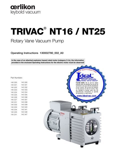 Leybold Oerlikon, Trivac NT16, NT25, Rotary Vane Vacuum Pump ...