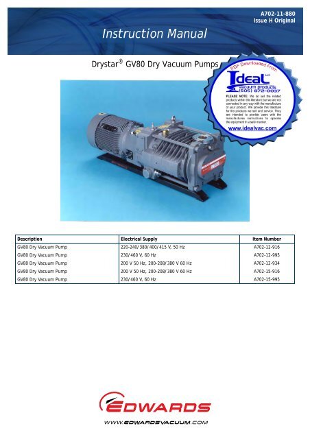Edwards Drystar GV80 Vacuum Pumps - Ideal Vacuum Products