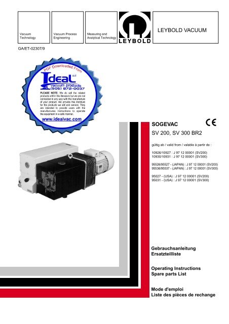 Leybold, SOGEVAC, SV200, SV300, BR2 