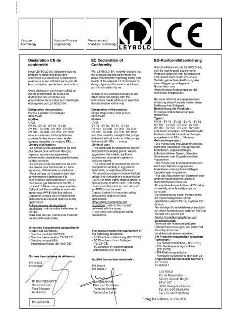 Leybold, SOGEVAC, SV200, SV300, BR2, Operating Instructions