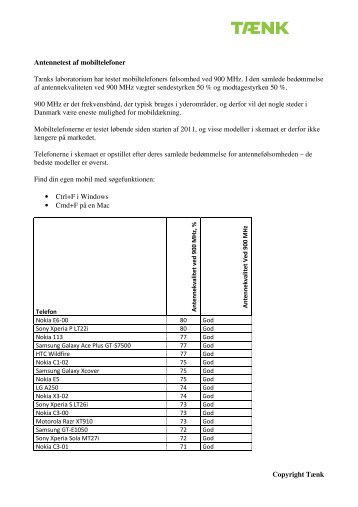Se pdf med alle 228 testede mobiltelefoner (Ã¥bner i nyt vindue) - TÃ¦nk