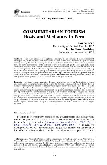 COMMUNITARIAN TOURISM Hosts and Mediators in Peru