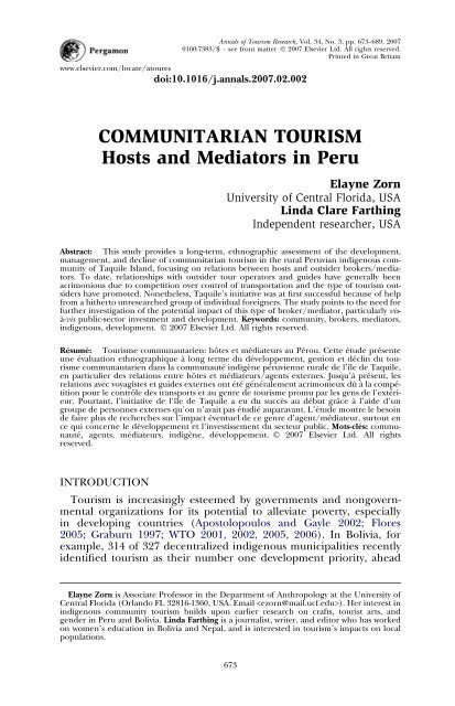 COMMUNITARIAN TOURISM Hosts and Mediators in Peru