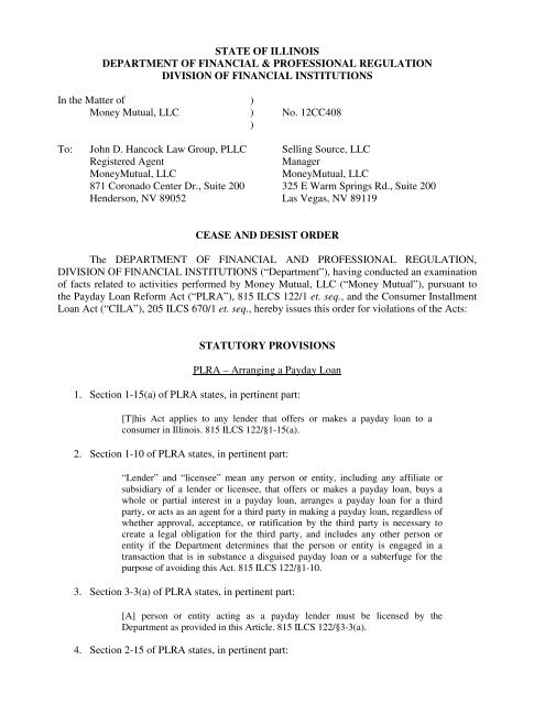 Cease and Desist Order - Illinois Department of Professional ...