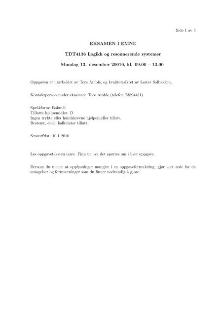 EKSAMEN I EMNE TDT4136 Logikk og resonnerende systemer ...